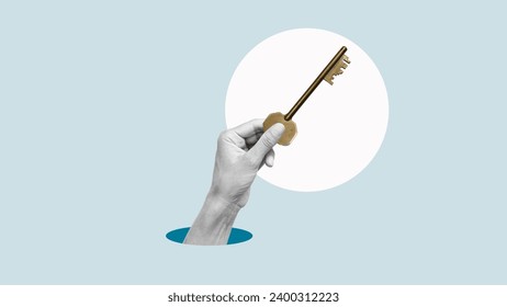 Secret to success. Collage with human hand holding golden key. Abstract business concept to solve problem, find solution, get success or find key strategy - Powered by Shutterstock