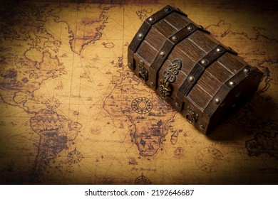 Secret Treasure Box With Vintage World Map - Treasure Hunt Concept.