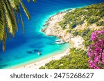 Secret turquoise beach below Lubenice village on Cres island, scenic archipelago of Croatia