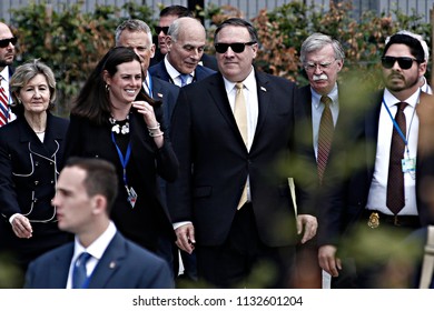 Secretary Of State Mike Pompeo (C) Arrive For A Summit Of Heads Of State And Government At NATO Headquarters In Brussels, Belgium On Jul. 11, 2018