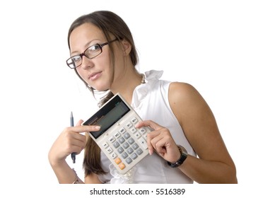 Secretary in white blouse and glasses is holding in her hands calculator and a pen.