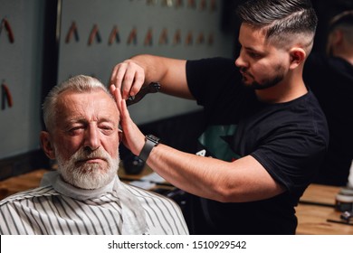 Secrets Of Trendy Haircut..handsome Old Man Getting His Hair Done. Close Up Photo, Profession, Occupation, Job