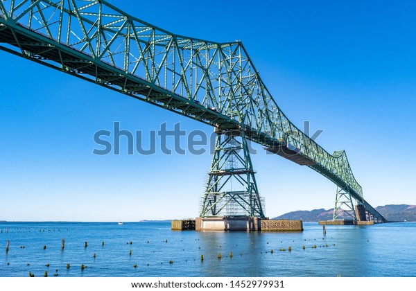 A section of the Astoria-Megler Bridge, a steel\
cantilever through truss bridge in the United States between\
Astoria, Oregon, and Point Ellice near Megler, Washington, over the\
Columbia River.