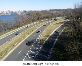 A Section Of George Washington Memorial Parkway At. Rosslyn, Virginia Across From Georgetown, Washington DC Waterfront.