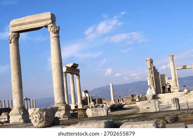 
A section of the ruins between Temple A and Syria Street in the ancient city of Laodicea. The earthquake ruins have been restored. One of the seven churches of Asia Minor was located here.