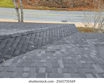 A section of shingled rooftop with a dip in it.