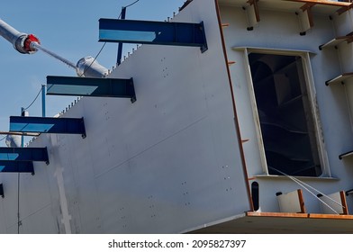 Sectional Beam Of A Modern Cable-stayed Bridge. Entrance To The Technological Corridor For Service Personnel. Construction Of An Automobile Cable-stayed Bridge. Zeya River. Blagoveshchensk, Russia.