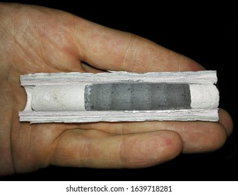 Sectional model of rocket engine. Device pyrotechnic solid engine fuel. Reactive principle.