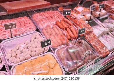 Sections with chicken and pork meat products in a supermarket butcher shop. - Powered by Shutterstock