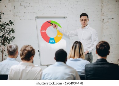 Sector. Male Speaker Giving Presentation In Hall At University Workshop. Audience Or Conference Hall. Rear View Of Unrecognized Participants In Face Masks. Scientific, Business Event, Training.