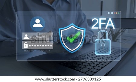 Secure 2FA authentication concept with verification, password protection and cybersecurity technology. Safe digital login access for online accounts, privacy and data security.