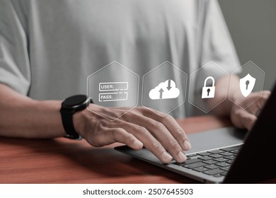 Secure access to data on cloud. Person use laptop with cloud computing technology that provides online network services, applications, server systems, Storage, networking. - Powered by Shutterstock - Get 15% off with code: PIKWIZARD15