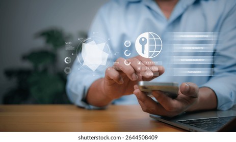 Secure access, network security, digital privacy, online security, and IT solutions. A person interacts with a holographic interface on a smartphone, show cybersecurity and data protection options.