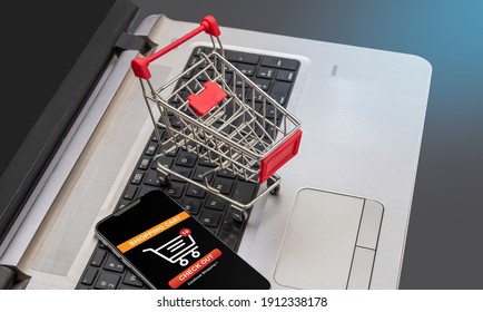 Secure checkout concept with shopping cart on laptop keys.