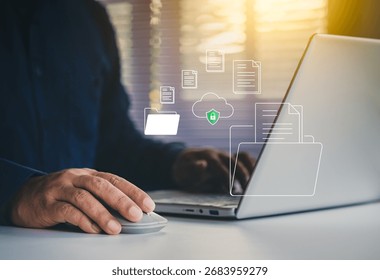 Secure cloud data storage concept, Businessman using laptop with digital folders and documents, illustrating online file management, cybersecurity, and safe digital document organization solutions