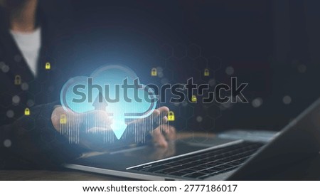 Secure cloud data transfer with encryption and cybersecurity protection. Digital storage, upload, download, and data privacy concept with network security and safe cloud computing technology.