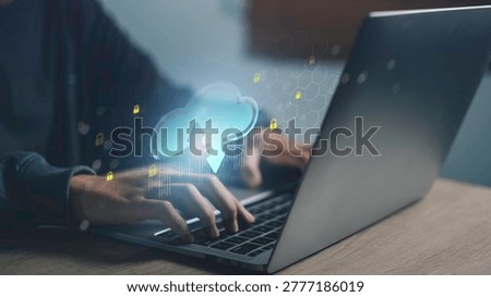 Secure cloud data transfer with encryption and cybersecurity protection. Digital storage, upload, download, and data privacy concept with network security and safe cloud computing technology.