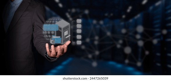 secure cloud storage concept. executive holds server hologram with document folders