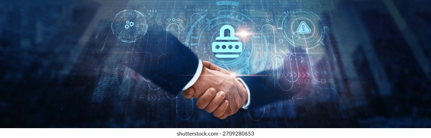 Secure Coding: Businessman handshake on digital interface and establishes secure connections on global network. Encryption, vulnerability prevention, code integrity, and authentication protocols.