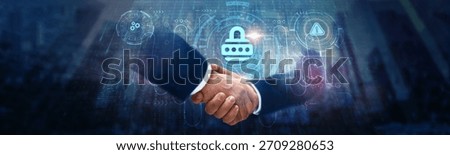 Secure Coding: Businessman handshake on digital interface and establishes secure connections on global network. Encryption, vulnerability prevention, code integrity, and authentication protocols.