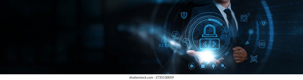 Secure Coding, businessman holding secure software development icons, business and cybersecurity compliance network, code encryption techniques, secure software lifecycle management.