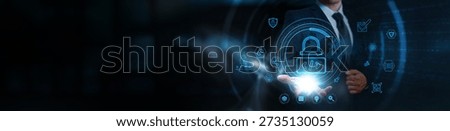 Secure Coding, businessman holding secure software development icons, business and cybersecurity compliance network, code encryption techniques, secure software lifecycle management.