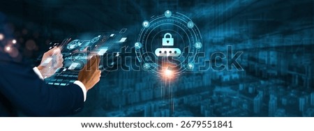 Secure Coding: Businessman holding virtual interface panel of digital device on global networking, encryption, vulnerability, authentication, cybersecurity, and secure coding technology in futuristic.