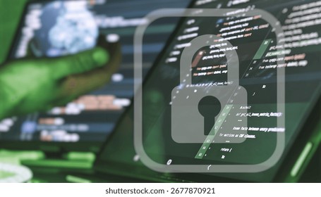 Secure coding concept with lock icon overlay on a Python development screen, symbolizing data protection, encryption, and cybersecurity.