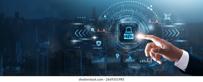 Secure Coding: Businessman’s hand touching futuristic technological interface, encryption methods, vulnerability testing, code protection, secure development practices, and technology concept.