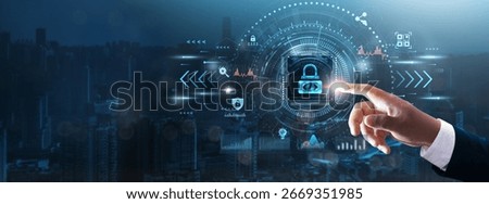 Secure Coding: Businessman’s hand touching futuristic technological interface, encryption methods, vulnerability testing, code protection, secure development practices, and technology concept.