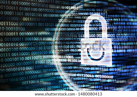secure connection. multiple layers of binary coding and white padlock on computer monitor. cyber security concepts. safe from malware and hacker.