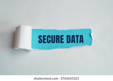                              Secure data concept with torn paper revealing blue background cyber security copy space.  