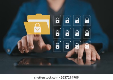 Secure data management concept with businessman using tablet. Locked digital folder and documents represent cybersecurity, safe information storage and file protection, privacy policy