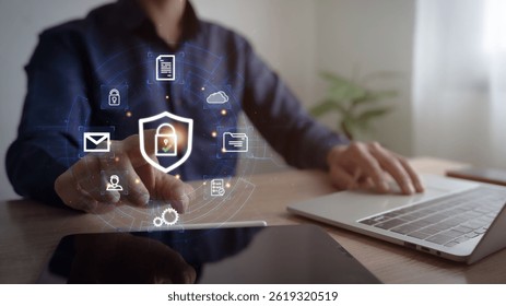 Secure Data Protection and Network Security, VPN Connection, Laptop Computer Man Encrypting Data