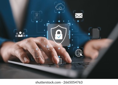 Secure data protection and network security systems. VPN connections and zero trust security. Person using laptop computer with an encrypted data security system.