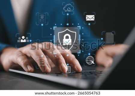 Secure data protection and network security systems. VPN connections and zero trust security. Person using laptop computer with an encrypted data security system.
