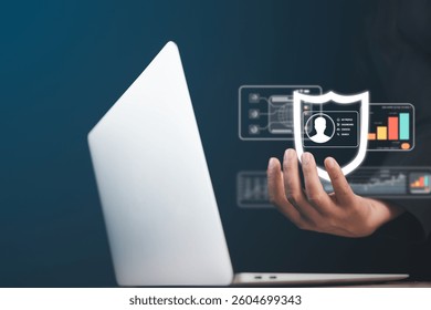 Secure digital access concept featuring a businessman interacting with a virtual cybersecurity interface, demonstrating data encryption, malware defense, and secure authentication methods.