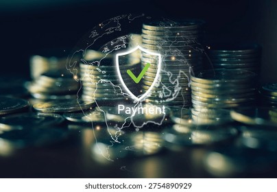 Secure digital payment concept with shield protection icon over stacked coins representing financial security, online payment protection, banking technology, and safe money transactions.