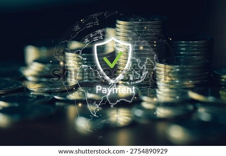 Secure digital payment concept with shield protection icon over stacked coins representing financial security, online payment protection, banking technology, and safe money transactions.