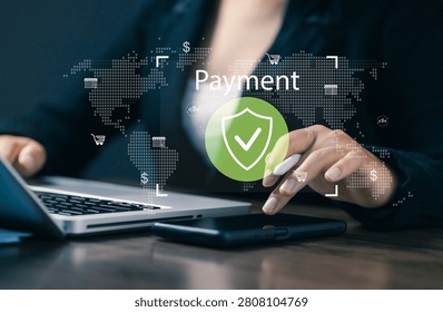 Secure digital payment interface on smartphone and laptop with protected transaction icon, representing online banking, fintech, ecommerce security, encrypted payments, and financial technology.