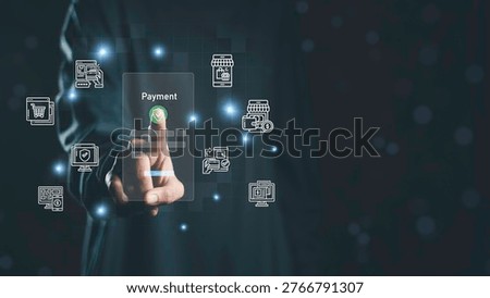 Secure digital payment interface with online transaction system, fintech technology, and mobile banking icons. Business finance concept showing safe money transfer, ewallet, and data protection.