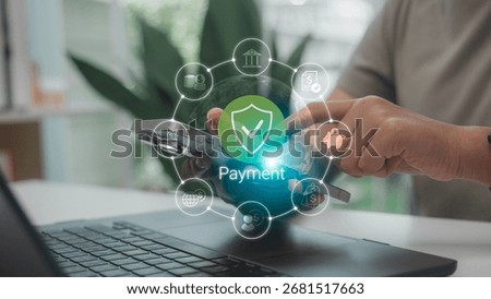 Secure digital payment with smartphone and shield checkmark icon. Concept for fintech, online banking, e-payment, secure transaction, mobile wallet, and financial technology solutions.