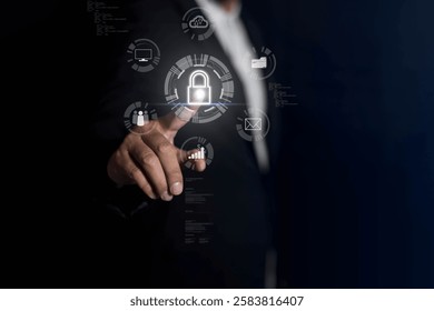 Secure digital technology concept with businessman interacting with virtual icons representing cybersecurity, data protection, and information technology