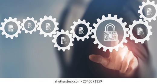 Secure document authentication concept. Ensuring e documents are safe from unauthorized access and manipulation. Biometrics scanning to protect data, documents remain secure and confidential.
