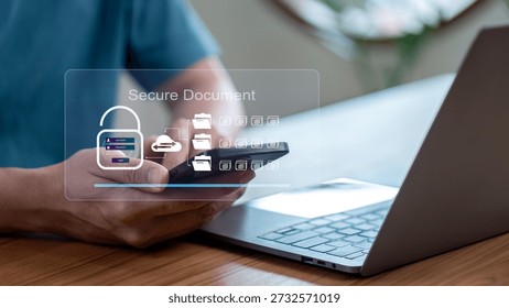Secure document and data protection on smartphone. This cloud storage and information security concept shows encryption and privacy for digital files in professional business.