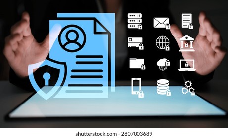 Secure Document Management System with Digital Protection Icons for Cybersecurity and Data Safety in Modern Business Environment