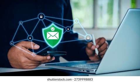 Secure Email Communication and Data Protection Concept with Business Professional Using Smartphone and Laptop, Cybersecurity Network, Encryption, Privacy Protection and Digital Trust