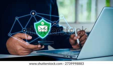 Secure Email Communication and Data Protection Concept with Business Professional Using Smartphone and Laptop, Cybersecurity Network, Encryption, Privacy Protection and Digital Trust