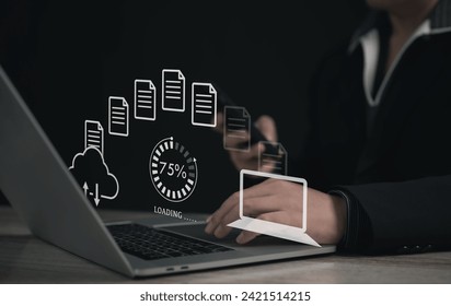 Secure Encryption File Transfer or Cybersecurity in Business : Businessman Using Laptop and Mobile for Remote Download and Upload of Documents in the Cyber World with Cloud-Based Data Security - Powered by Shutterstock - Get 15% off with code: PIKWIZARD15