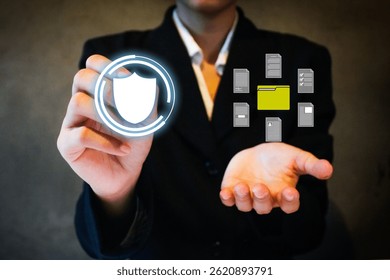 Secure file protection concept image with a person pressing shield icon among floating folders and documents. Ideal for cybersecurity, data safety, encryption, and file management visuals.